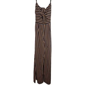 Lottie Moss Striped Wide Leg Jumpsuit Navy Gold Tie Front Cutout Size M‎ Coastal